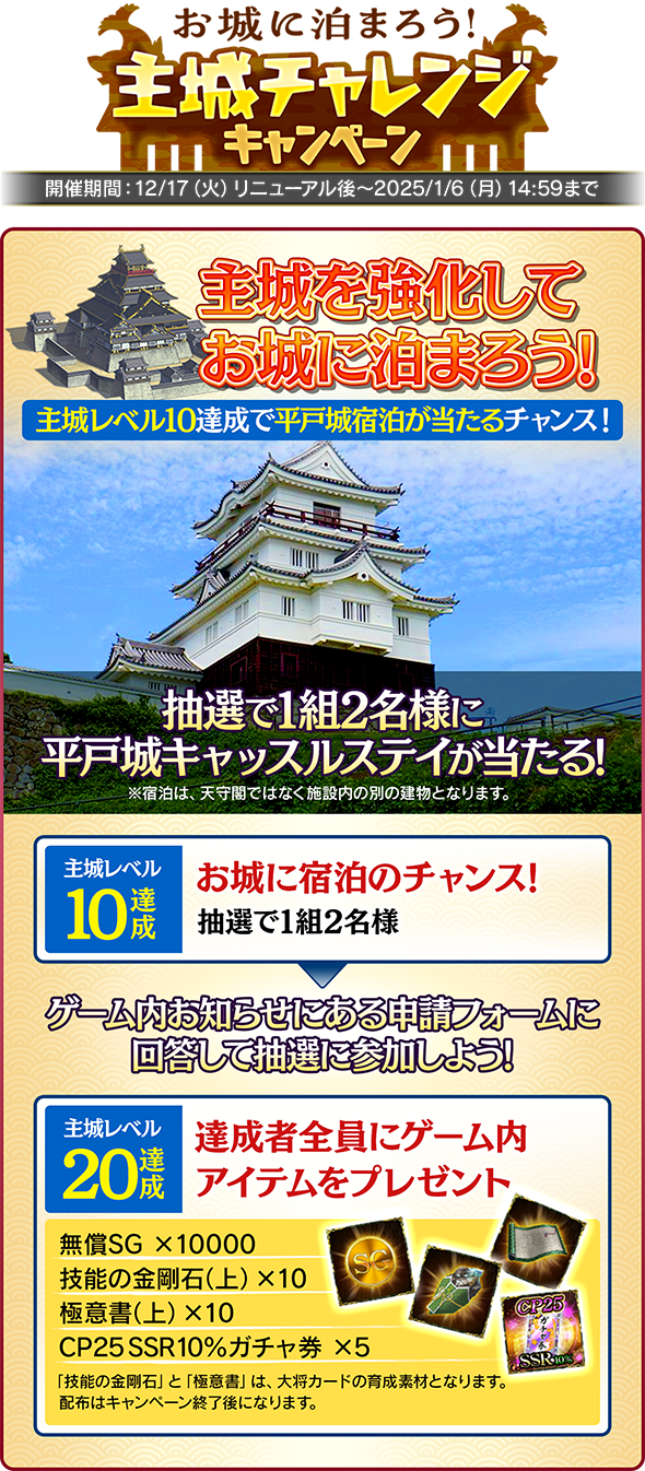 主城チャレンジキャンペーン 開催期間:12/10(火)リニュアル後~12/24(火)23:59